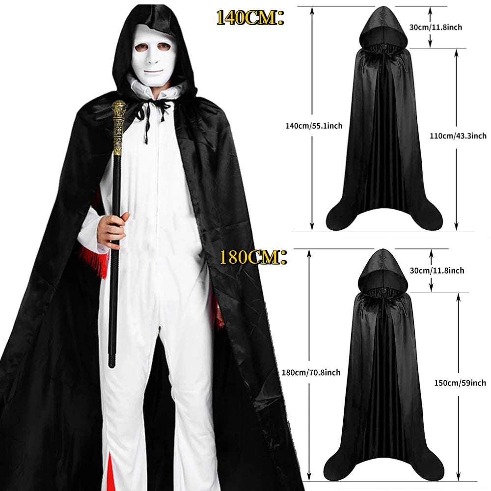 Halloween Cloak Soft Unisex Hooded Black Robe Witch Long Cape Cosplay Costume Prop Party Performance Supplies Holiday Decoration