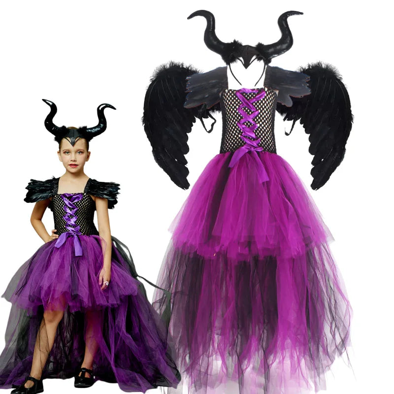 Maleficent Halloween For Children Costume Tulle Purple Black Dress Girls Cosplay Vestidos Party Evil Queen Mesh Princess Dresses