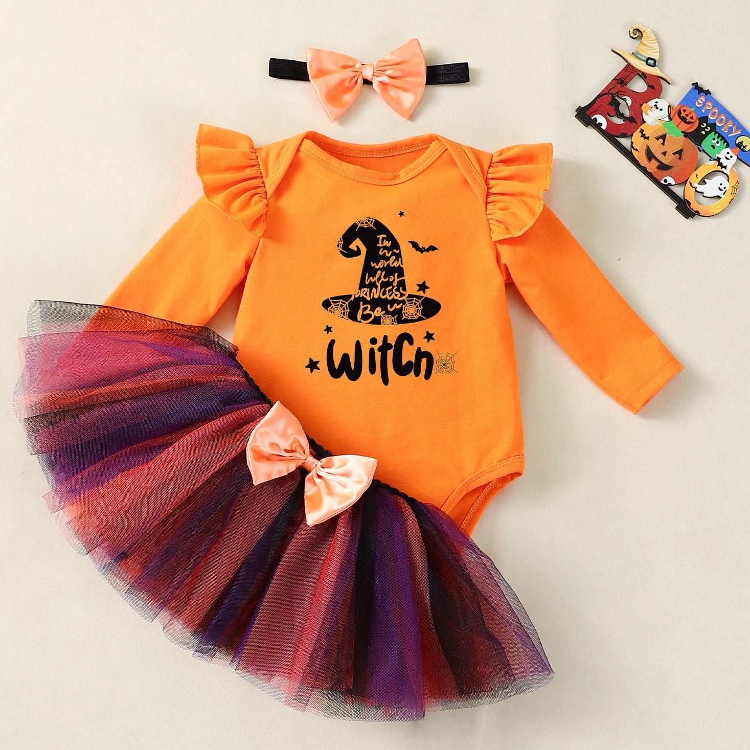 My First Halloween Baby Girl Costume Long Sleeves Ghost Bodysuit Tutu Skirt Bow Headband 0-3 Moths Infant Girl Halloween Clothes