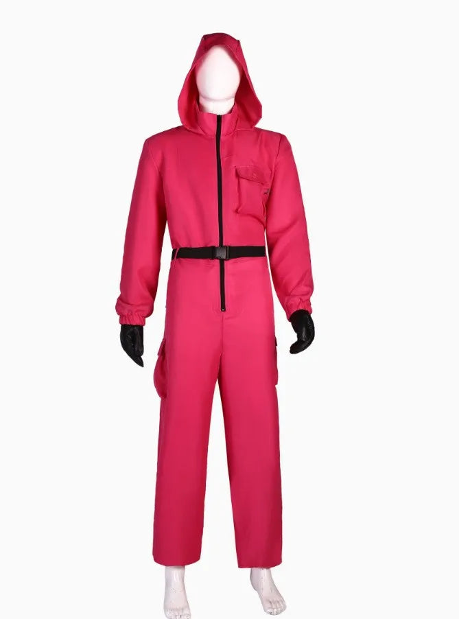 Calamari Game Guard Cosplay Costume Red Jumpsuit Outfit Adult KidsTeenagers Tracksuit Hooded Overall Belt Gloves Set Halloween