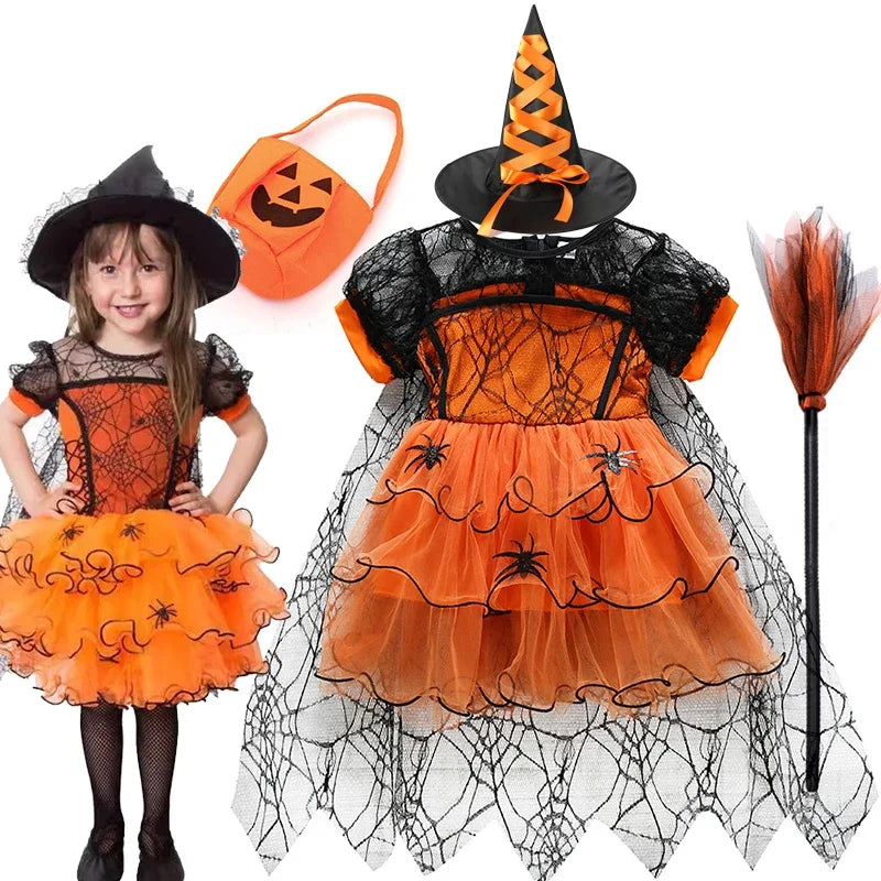 Halloween Girl With Cloak Witch Cosplay Party Dress Toddler Short Sleeve Spider Pattern Lace Tutu Knee Mesh Costume Dresses 1-5Y