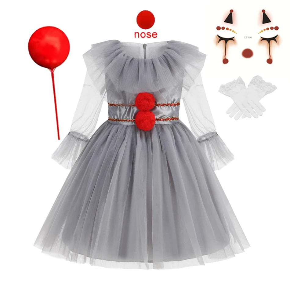 Gray Girls Joker Movie Cosplay Halloween Costume Tutu Dress Creepy Clown Thriller Party Clothes Children Tulle Fancy Party Dress