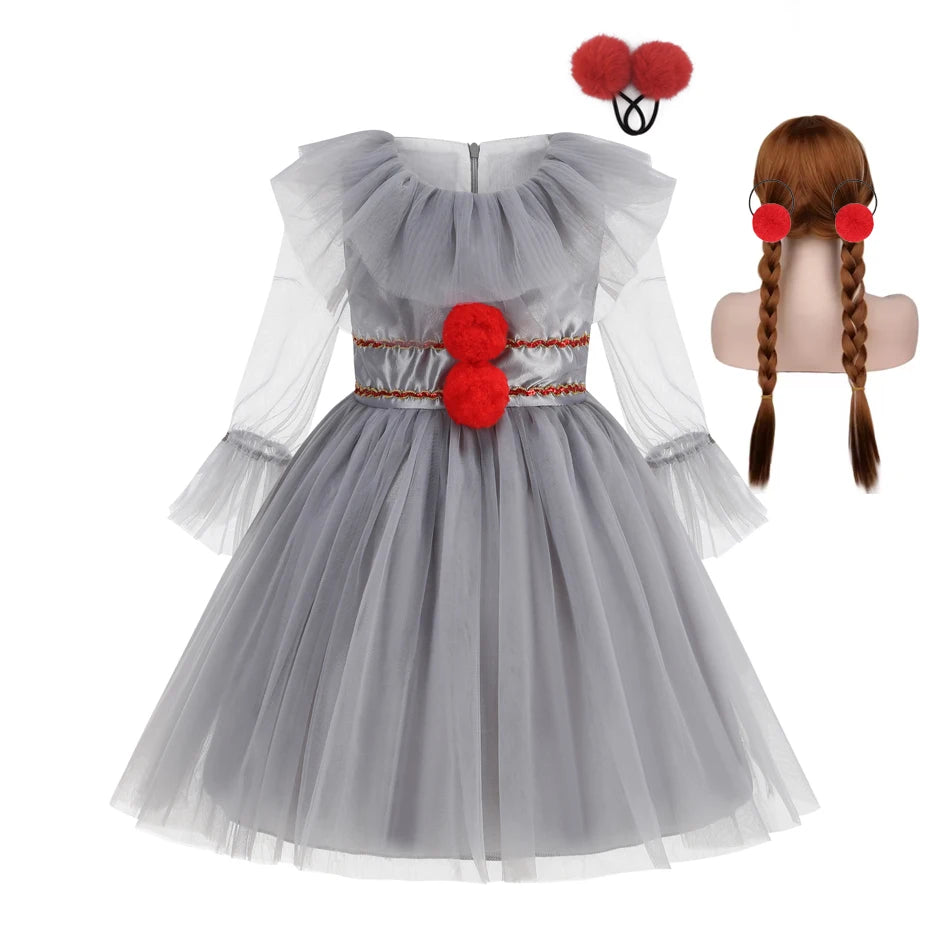 Gray Girls Joker Movie Cosplay Halloween Costume Tutu Dress Creepy Clown Thriller Party Clothes Children Tulle Fancy Party Dress