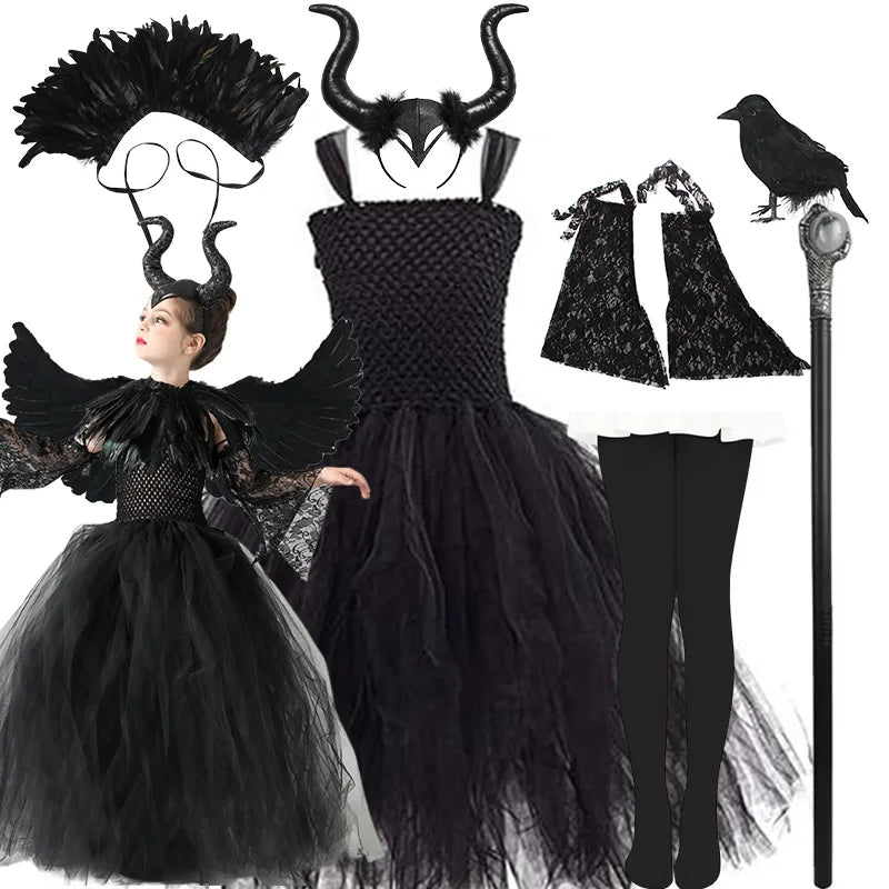 Halloween Maleficent Costume for Girls Cosplay Evil Queen Dress Up Costumes Witch Devil Black Mesh Princess Dress Wings Bird 12Y