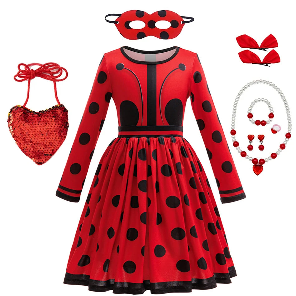 Halloween Costume Girl Ladybug Cosplay Dress Kid Marinette Red Dot Frocks Purim Cartoon Fancy Disguise Sets Child Birthday Gift