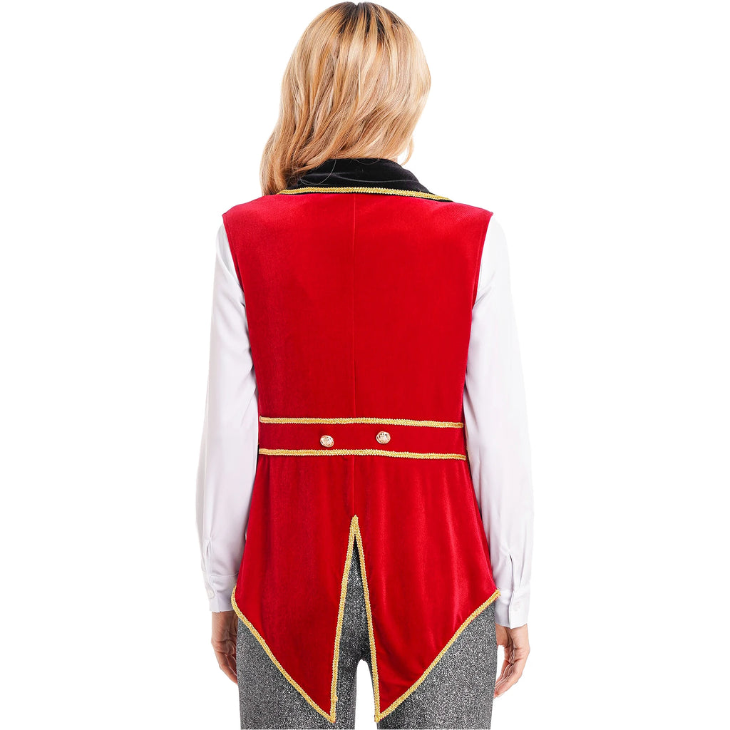Womens Circus Ringmaster Costumes Halloween Showman Cosplay Tailcoat Lapel Vest Jacket Ringleader Lion Tamer Velvet Waistcoat