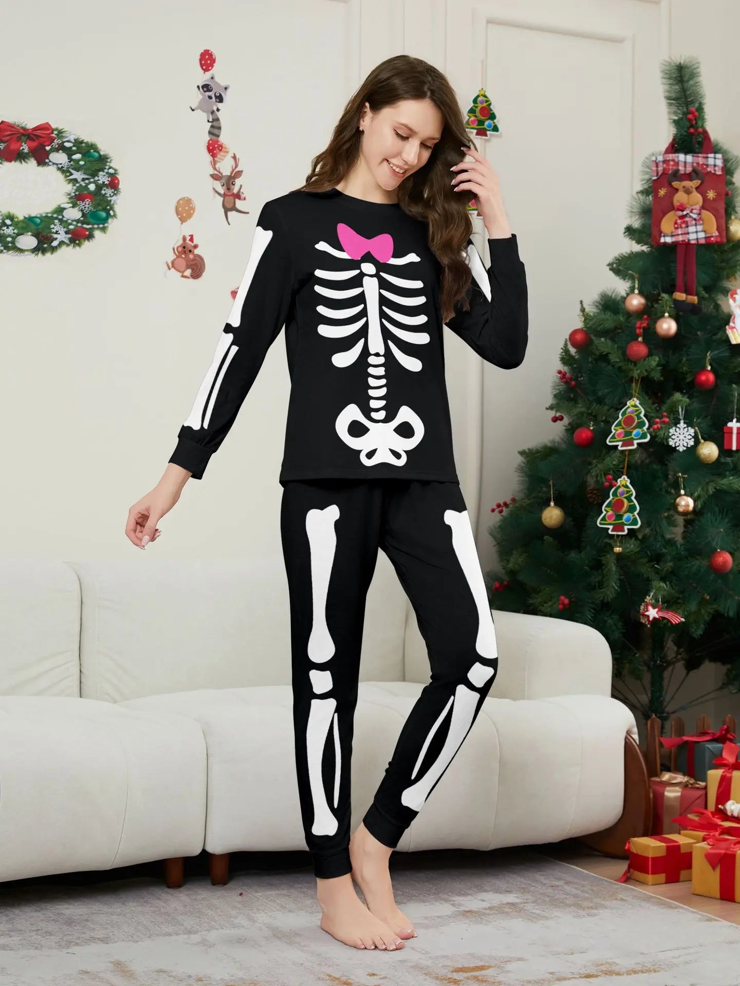 Happy Halloween Family Matching Outfits Skeleton Print Parent-child 2 Pieces Suit Sleepwear Soft Loose Pajamas Set Holiday Wear