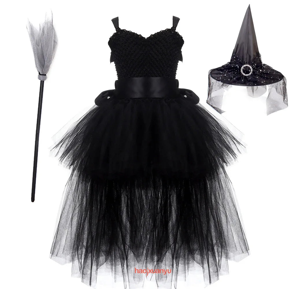 Halloween Witch Princess Dress Birthday Party Cosplay Angel Jumpsuit Children Mesh Tutu Pink Lace Sling vampire Costume for Girl
