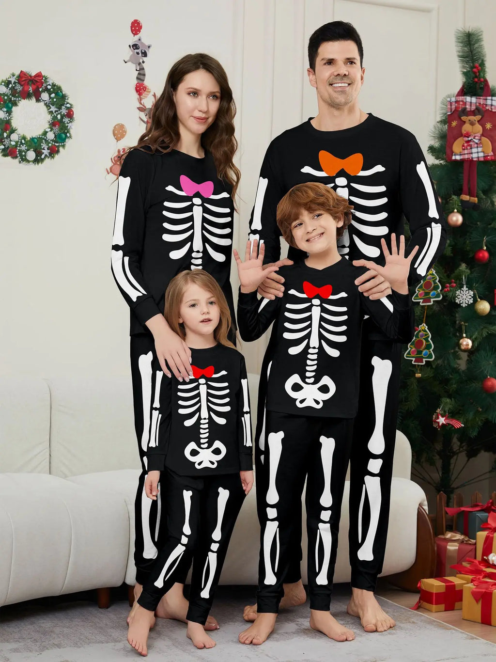 Happy Halloween Family Matching Outfits Skeleton Print Parent-child 2 Pieces Suit Sleepwear Soft Loose Pajamas Set Holiday Wear