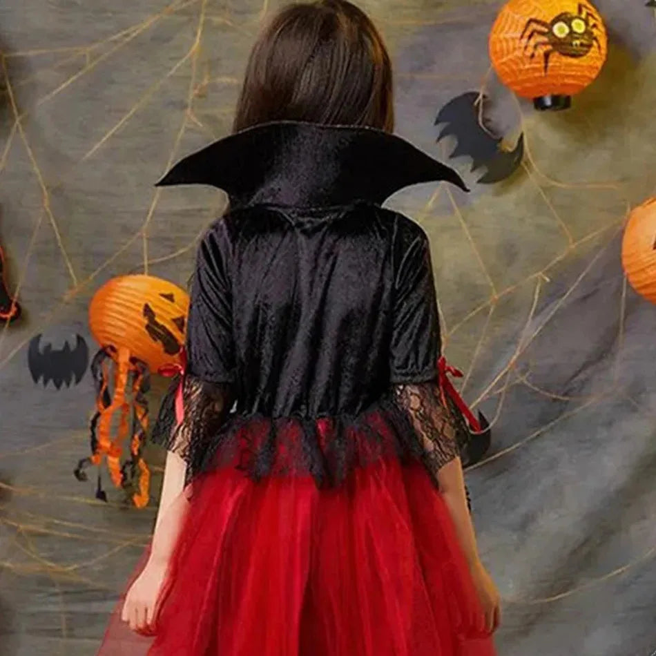 Girl Vampire Halloween Dress For Kid Ghost Bride Gothic Cosplay Vampire Costume Count Vampiran Carnival Outfit Black Red Clothes