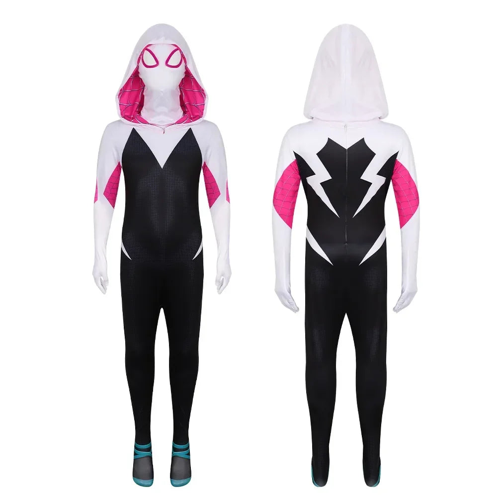 Girls Gwen Ghost Spider Costume Bodysuit Halloween Cosplay Hooded Holiday Party Costumes Fantasy Sexy Dress Up Hoodies Swimsuit