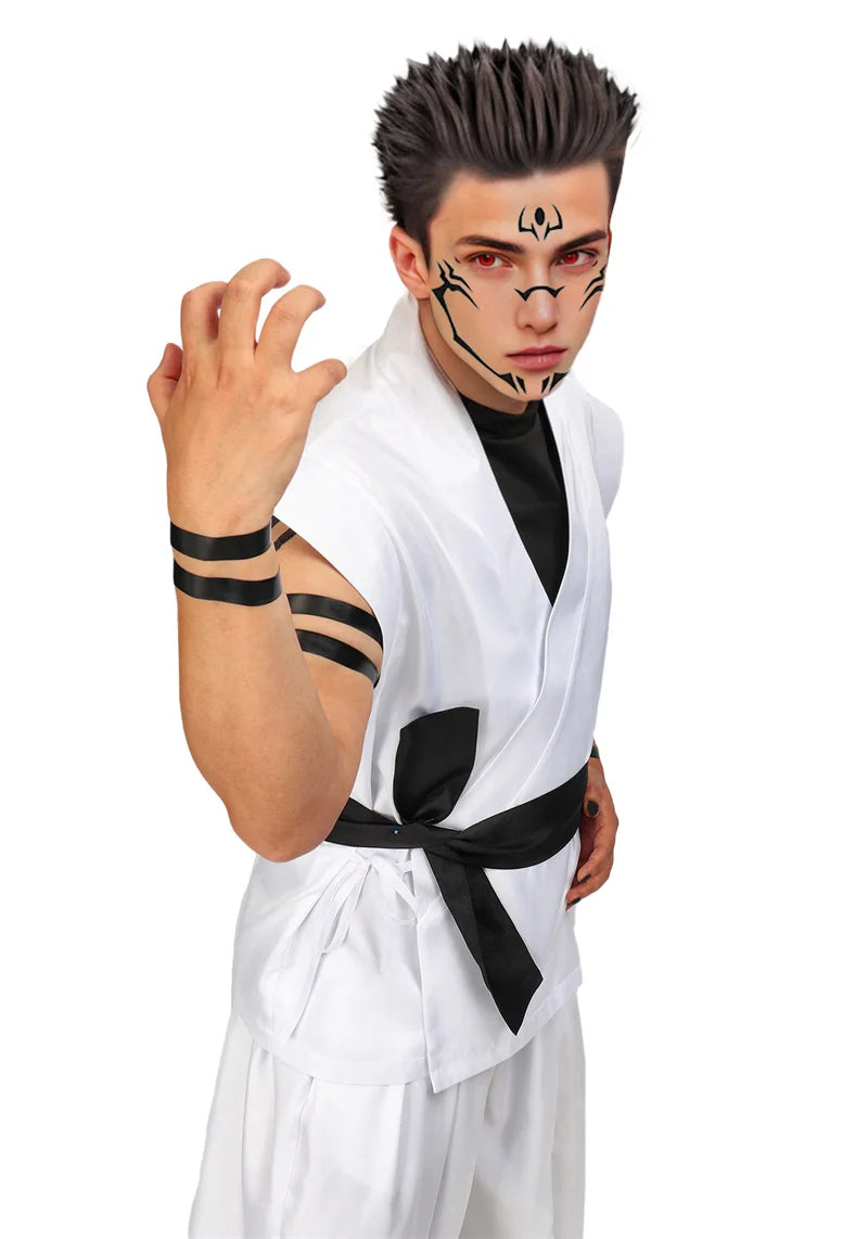 DAZCOS Ryomen Sukuna Costume White Kung Fu Suit with Tattoo Stickers Ryomen Sukuna as Megumi Showdown Cosplay Costume Full Set
