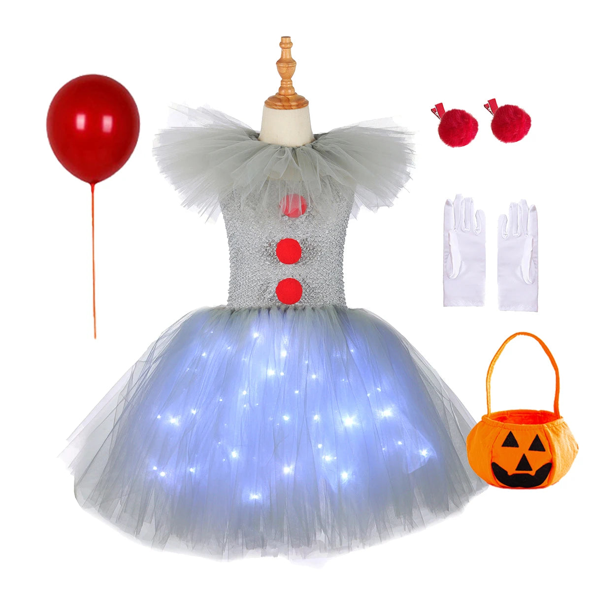 Gray Joker Girls Halloween LED Light Up Costume Tutu Dress Creepy Clown Kids Tulle Dress Carnival Party Cosplay Clothing 2-12Y