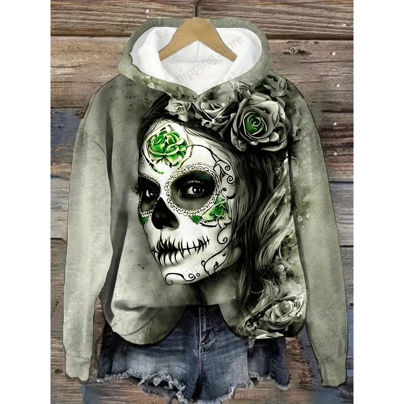 2025 Autumn 3D Printing Halloween Flower Hoodie Women's Fashion Sportswear Oversized Sexy Girl Pullover Sportswear