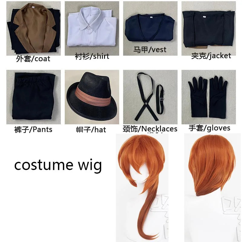 Nakahara Chuuya Cosplay Costume  Include Hat Uniform Trench Coat Pants Big Size Outfits Halloween Party for Comic Con