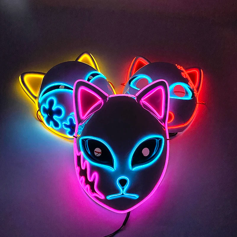 Light Up Japanese Oni Devil Mask LED Luminous Prajna Horror Mask Full Face Halloween Bar Party Props Neon Glowing Demon Mask