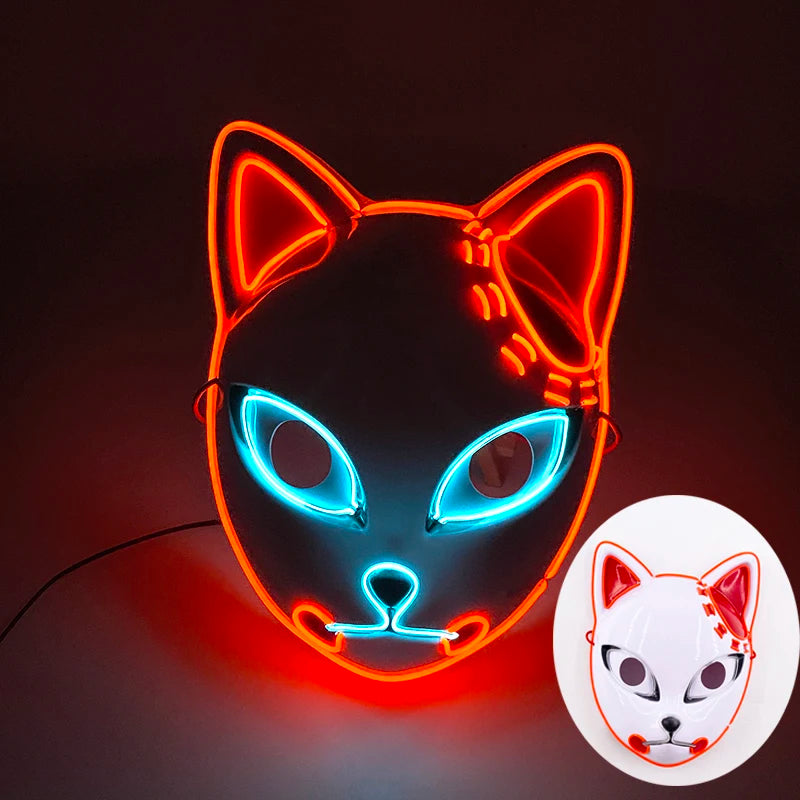 Light Up Japanese Oni Devil Mask LED Luminous Prajna Horror Mask Full Face Halloween Bar Party Props Neon Glowing Demon Mask