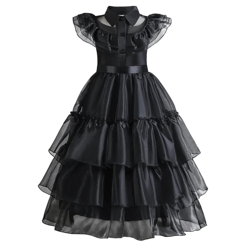Gothic Lace Tiered Ball Gown Girls Hollowed Tulle Cake Dress Cosplay Prom Dress Halloween Wednesday Addams Black Costume