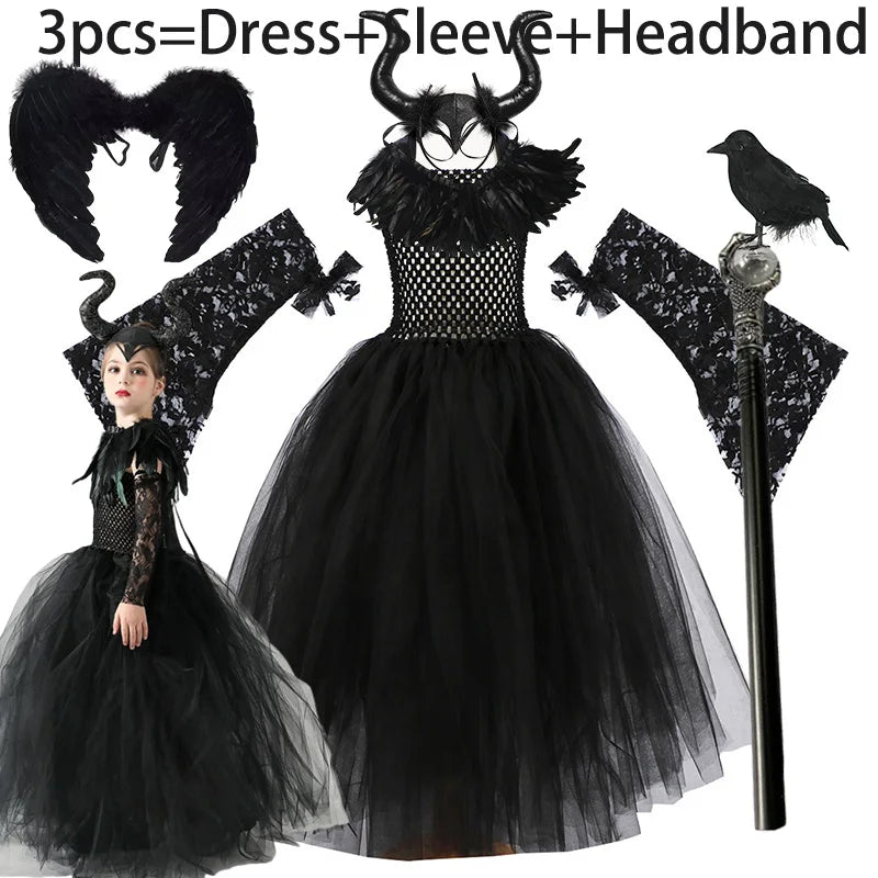 Maleficent Costume for Girls Role Play Evil Queen Gothic Villain Maleficent Princess Dress Sleeve Shawl Kids Halloween Apparel