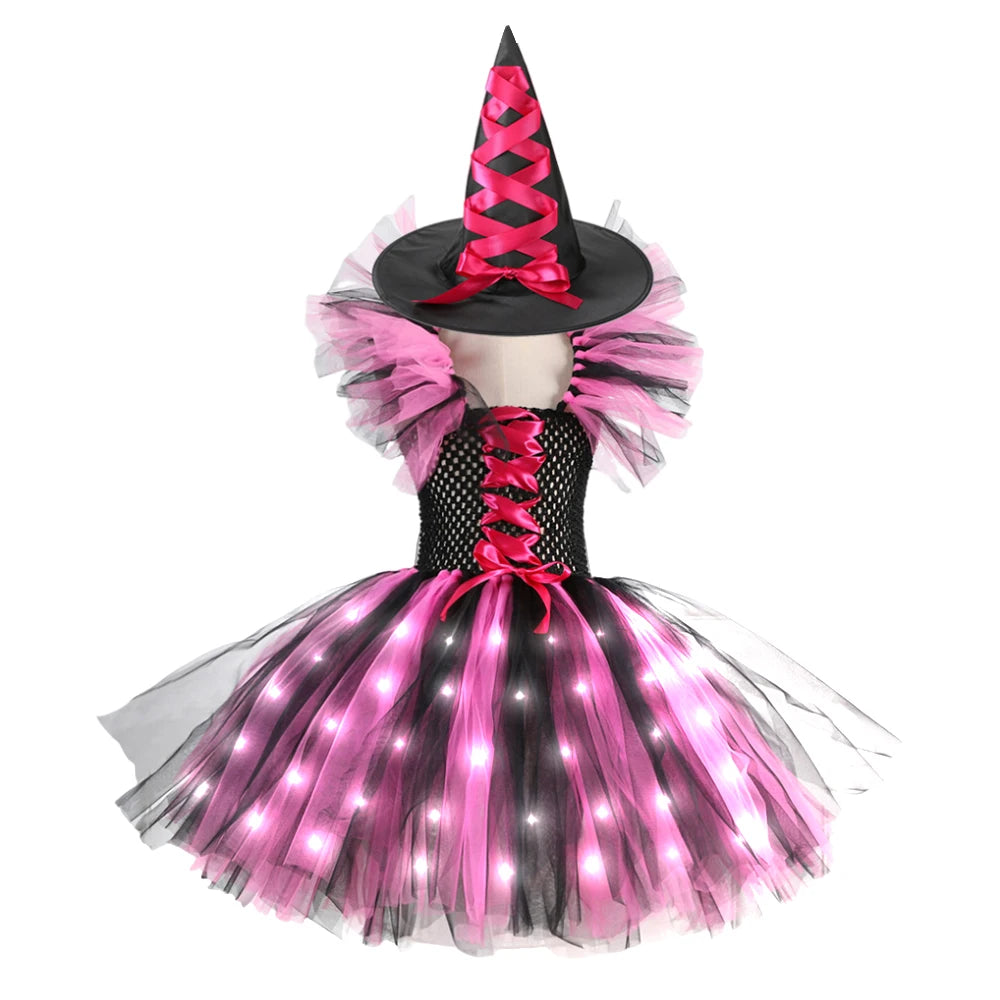 2025 Girls Witch Halloween Cosplay LED Dress Carnival Vestidos Party Kids Children Glowing Costume Party Princess Dress