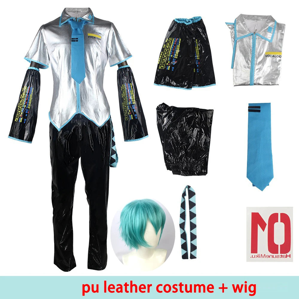 European Size Male Miku Cosplay Costume Wig Full Set Silver Leather Cloth Fabric Suit Miku Male Style Uniform