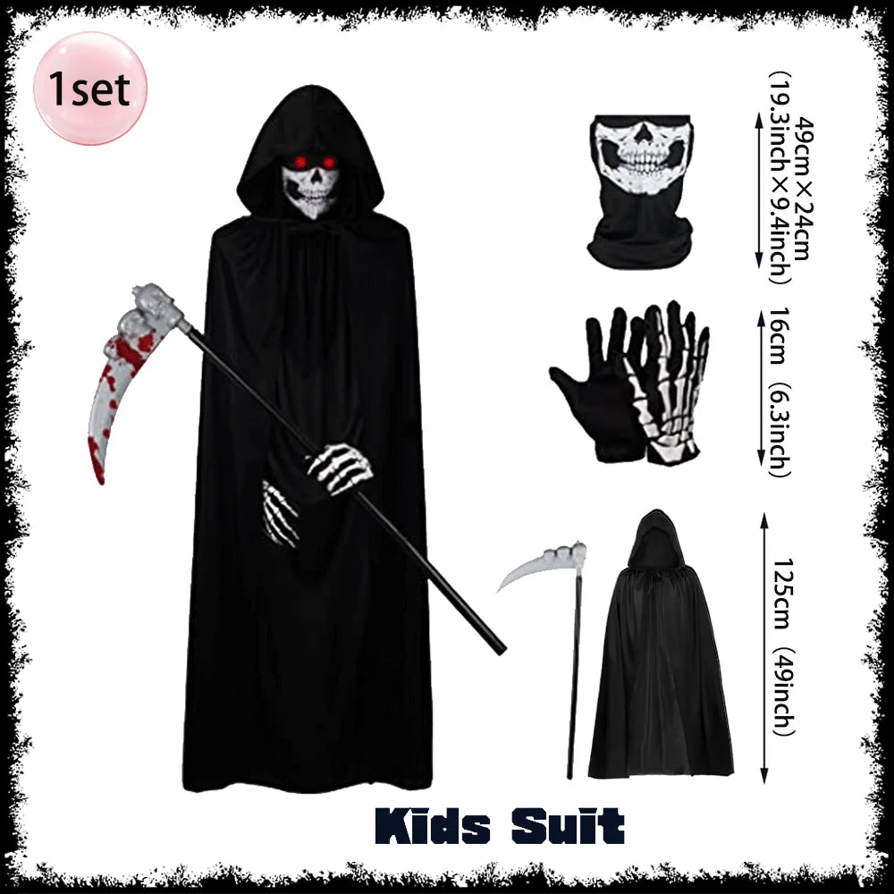 Halloween Grim Reaper Costume Set Halloween Cape Adult Kid Role Playing Props Grim Reaper Ghost Scythe Mask and Gloves Unisex