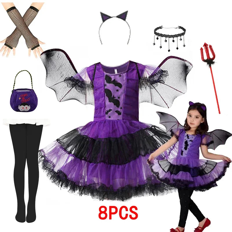 Halloween Girls Purple Bat Dress Kids Fancy Cosplay Vampire Demon Costume With Wing Headwear Carnival Witch Role Playing Clothes