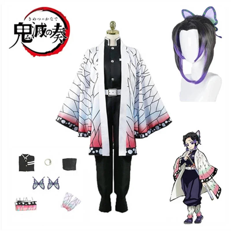 Anime Demon Slayer Kimetsu   Kochou Shinobu Cosplay Kostuum Pruik Set Kimono Uniform Halloween Anime Kostuums Voor Volwassen Kid