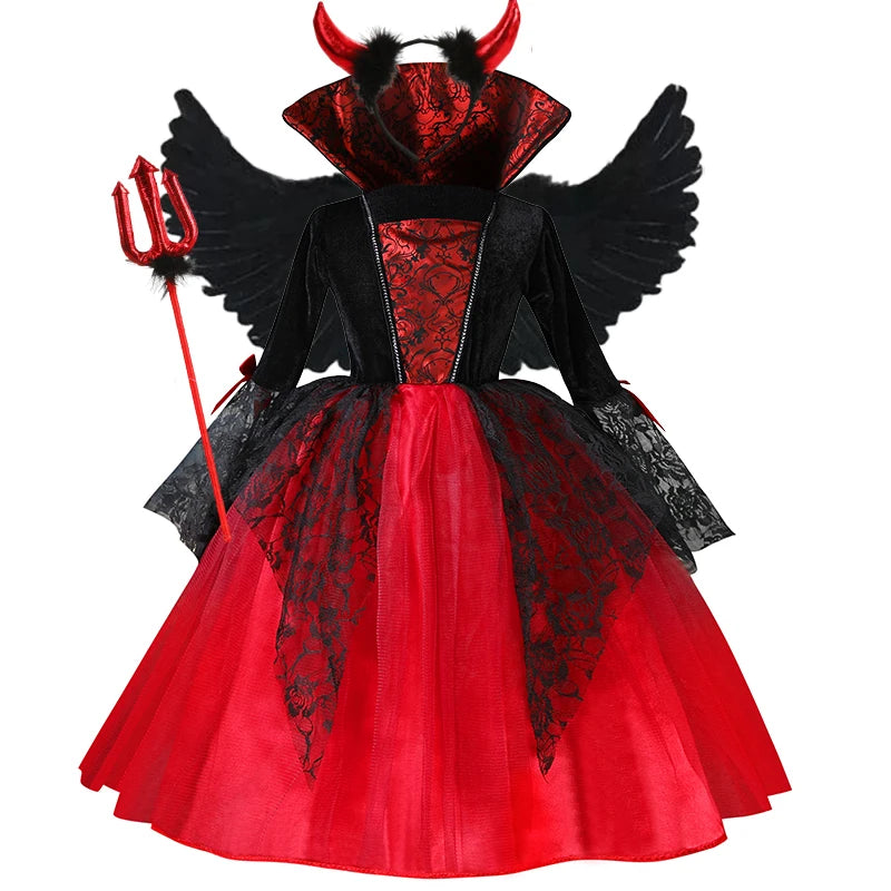 Halloween Girl Cosplay Vampire Dress For Kids Ghost Bride Vampire Costume Vampiran Carnival Party Outfits Scarlet Gothic Clothes