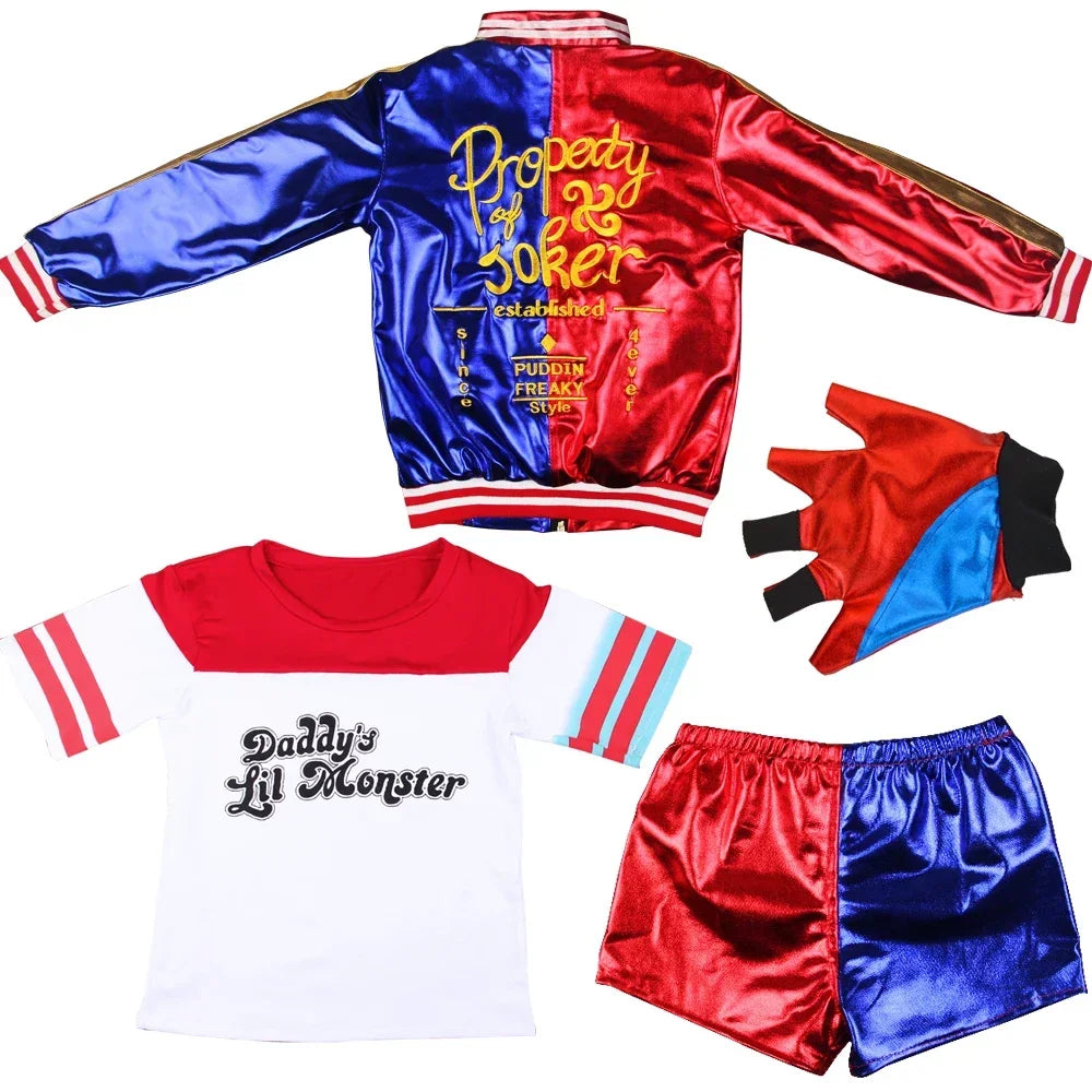 Anime Adult Dress Women Costume Quinn Girl Wig T Shirt Joker Jacket Halloween Costume Kids Glove Accessories