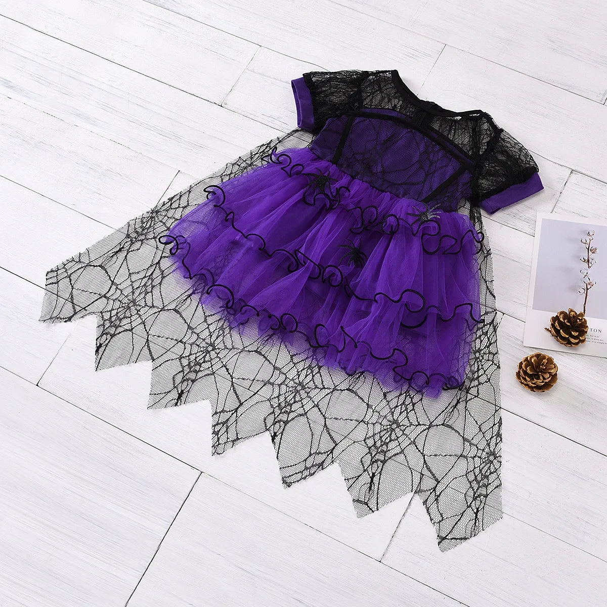 Halloween Girl With Cloak Witch Cosplay Party Dress Toddler Short Sleeve Spider Pattern Lace Tutu Knee Mesh Costume Dresses 1-5Y