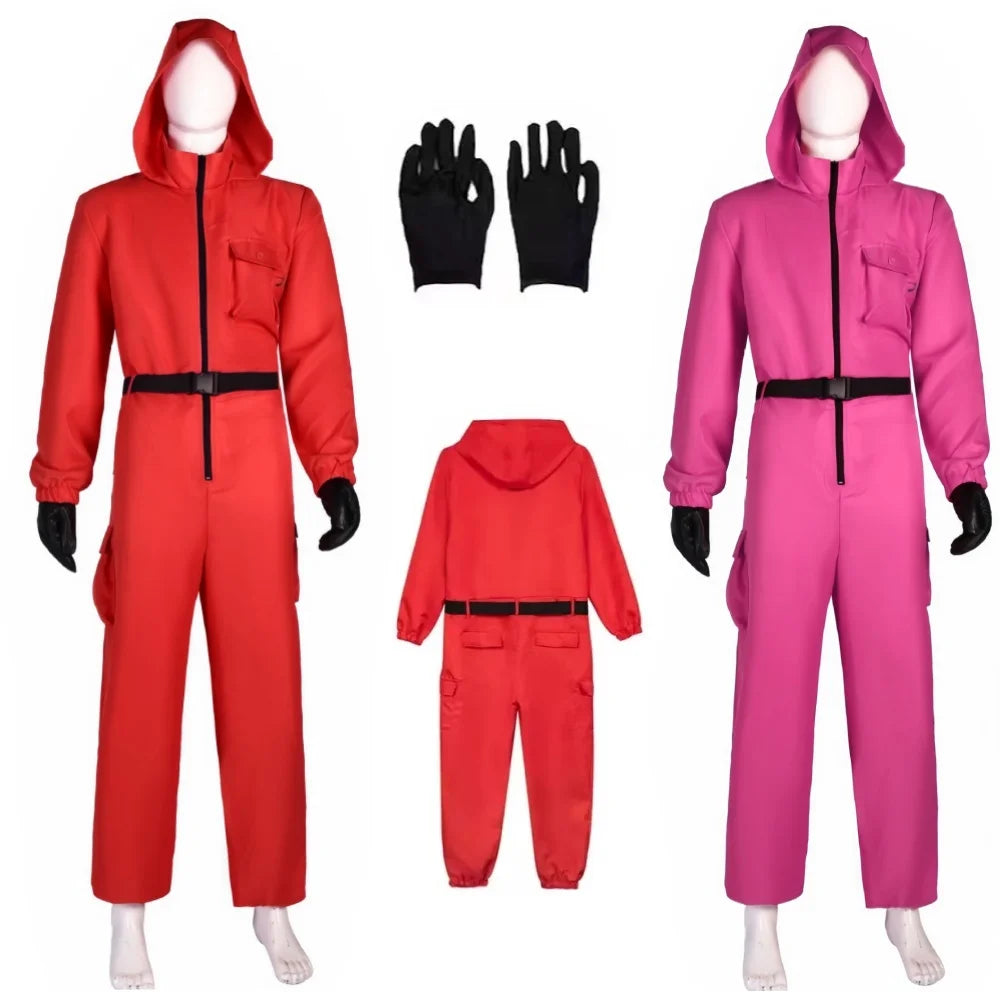 Calamari Game Guard Cosplay Costume Red Jumpsuit Outfit Adult KidsTeenagers Tracksuit Hooded Overall Belt Gloves Set Halloween