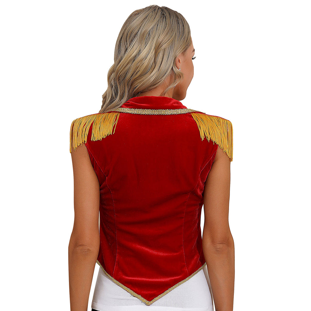 Womens Circus Ringmaster Costumes Halloween Showman Cosplay Tailcoat Lapel Vest Jacket Ringleader Lion Tamer Velvet Waistcoat