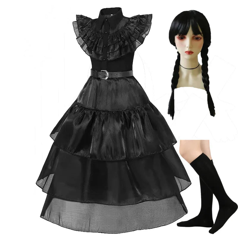 Girls Wednesdays Halloween Cosplay Costume Adams Black Gothic Family Clothes Costume Kids Carnival Fancy Dress Up