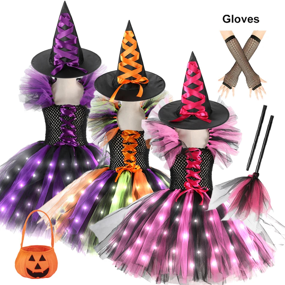 2025 Girls Witch Halloween Cosplay LED Dress Carnival Vestidos Party Kids Children Glowing Costume Party Princess Dress