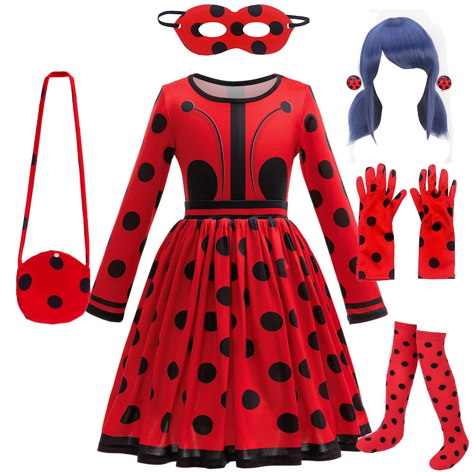 Halloween Costume Girl Ladybug Cosplay Dress Kid Marinette Red Dot Frocks Purim Cartoon Fancy Disguise Sets Child Birthday Gift