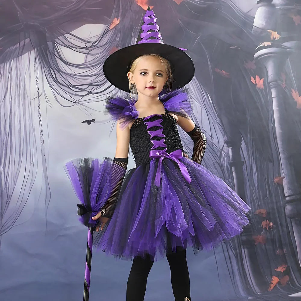 Girls Colour Witch Costume Disguise Halloween Cosplay Carnival Party Christmas Toddler Kids Princess Dress Prom Gown Dress