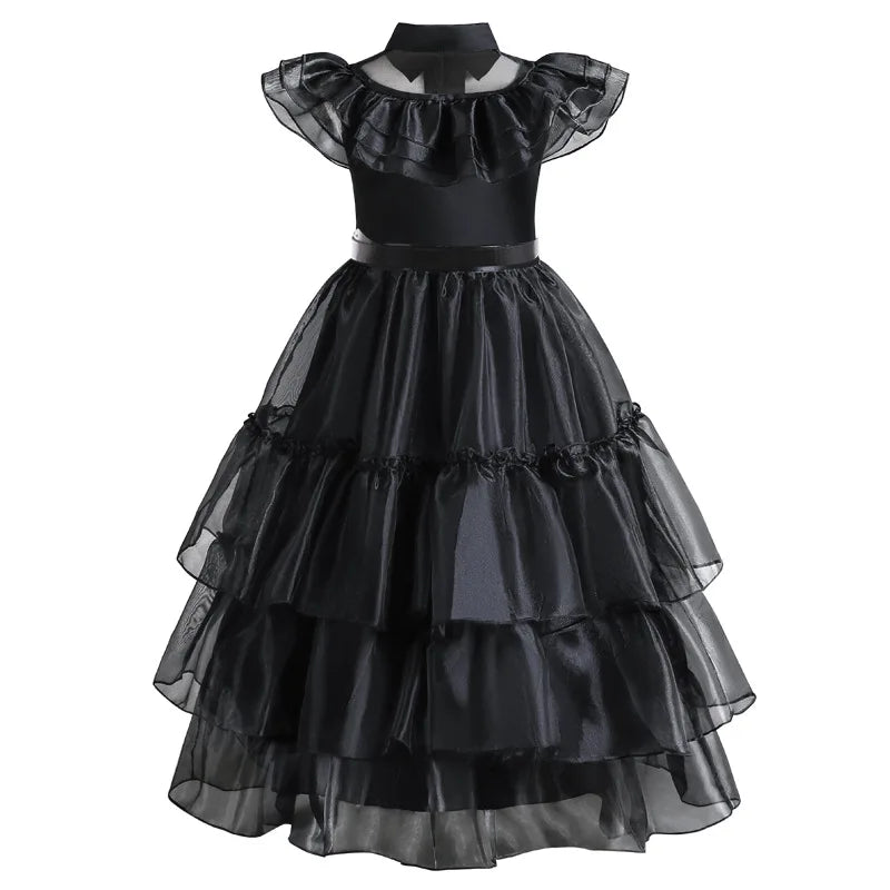 Gothic Lace Tiered Ball Gown Girls Hollowed Tulle Cake Dress Cosplay Prom Dress Halloween Wednesday Addams Black Costume