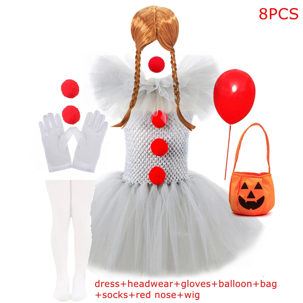 Clown Tutu Dress Girls Kids Joker Cosplay Costume with Hair Pin Gloves Halloween Apparel Pennywise Inspired Horrible Creature It