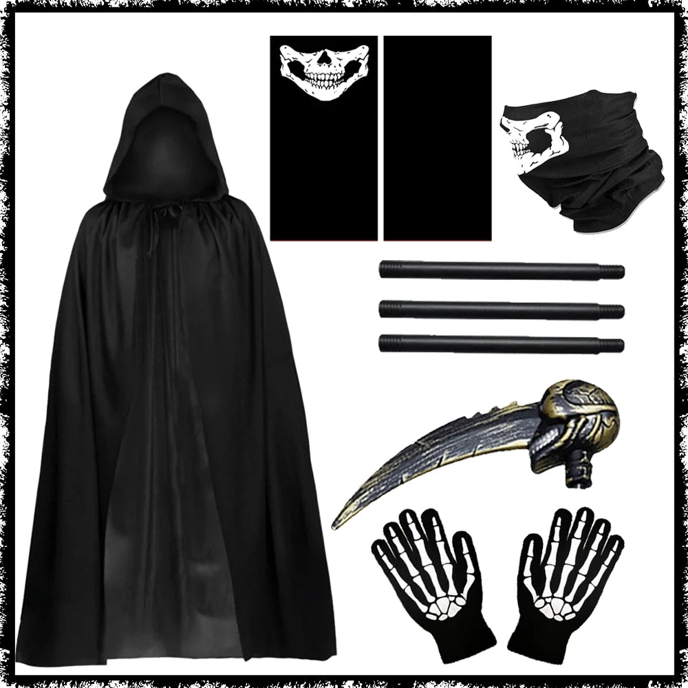 Halloween Grim Reaper Costume Set Halloween Cape Adult Kid Role Playing Props Grim Reaper Ghost Scythe Mask and Gloves Unisex