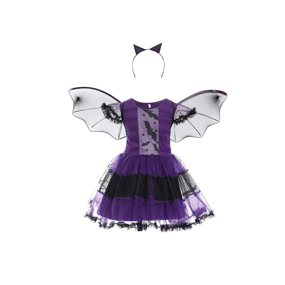 Halloween Witch Vampire Bat Baby Girls Costume Children Cosplay Princess Dresses Dress Up Carnival Party Clothing With Headband