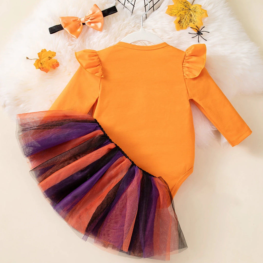 My First Halloween Baby Girl Costume Long Sleeves Ghost Bodysuit Tutu Skirt Bow Headband 0-3 Moths Infant Girl Halloween Clothes