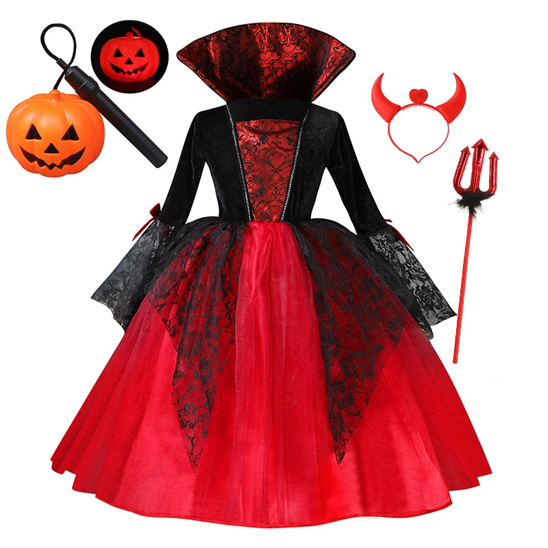 Girl Vampire Halloween Dress For Kid Ghost Bride Gothic Cosplay Vampire Costume Count Vampiran Carnival Outfit Black Red Clothes
