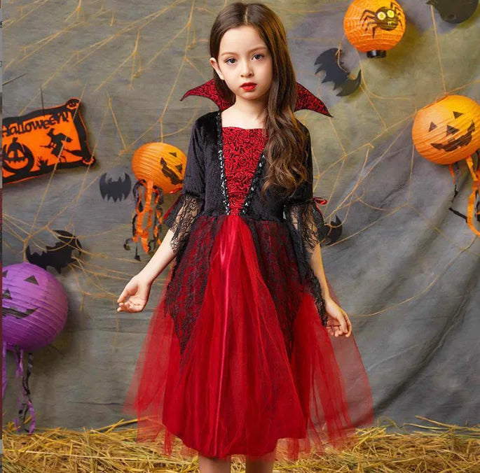 Halloween Girls Ghost Bride Mesh Vampire Costume Girls Princess Dress Performance Costume Black Evening Clothes