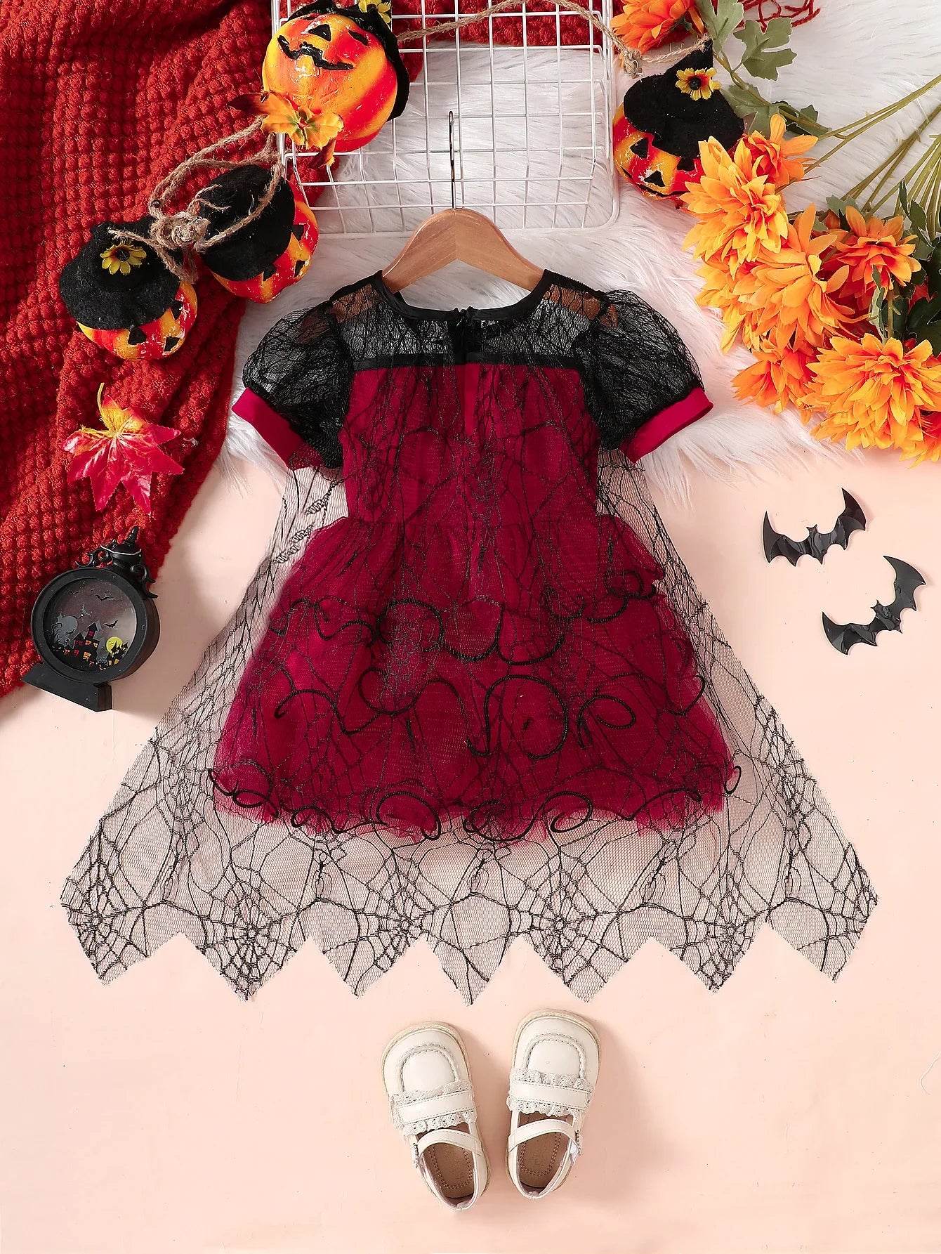 Halloween Girl With Cloak Witch Cosplay Party Dress Toddler Short Sleeve Spider Pattern Lace Tutu Knee Mesh Costume Dresses 1-5Y