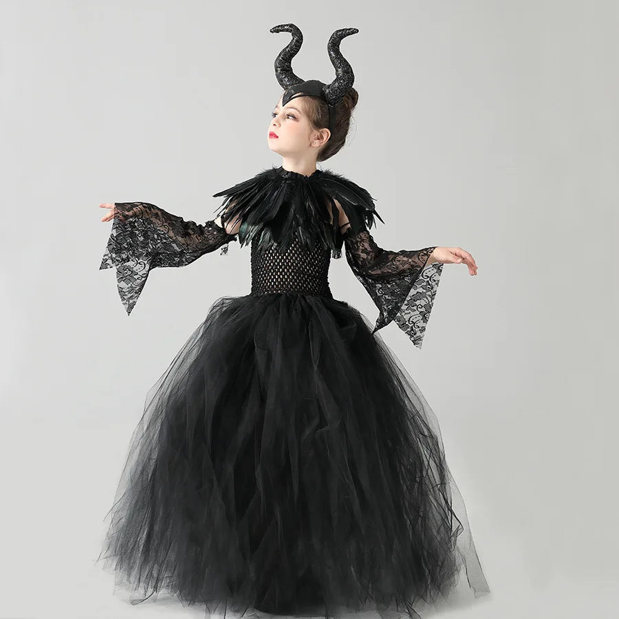 2024 New Maleficent Halloween Costume Maleficent Tulle Dress for Girls Cosplay Evil Queen Black Mesh Princess Dress Kids
