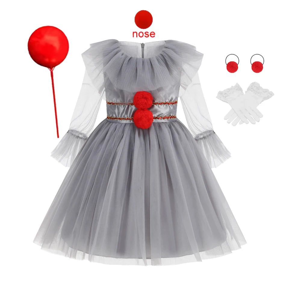Gray Girls Joker Movie Cosplay Halloween Costume Tutu Dress Creepy Clown Thriller Party Clothes Children Tulle Fancy Party Dress