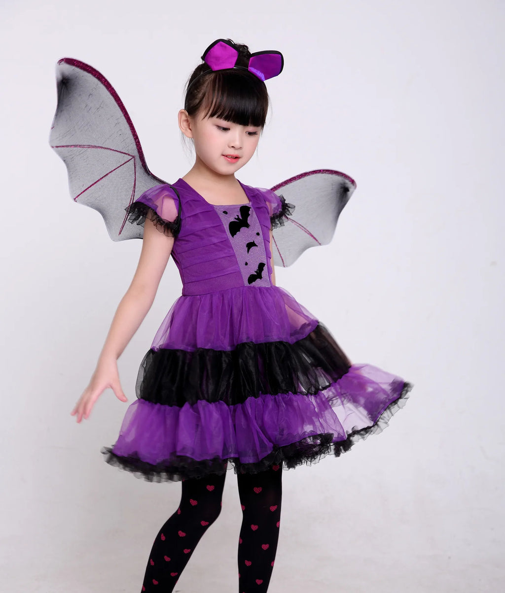 Halloween Girls Purple Bat Dress Kids Fancy Cosplay Vampire Demon Costume With Wing Headwear Carnival Witch Role Playing Clothes