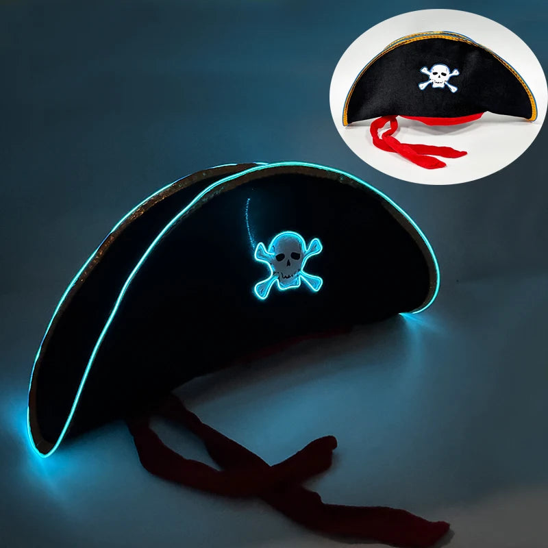 Newstyle Led Captain Hat Halloween Masquerade Pirate Theme Party Cosplay Captain Costumes Accessories Light Up Skull Pattern Hat