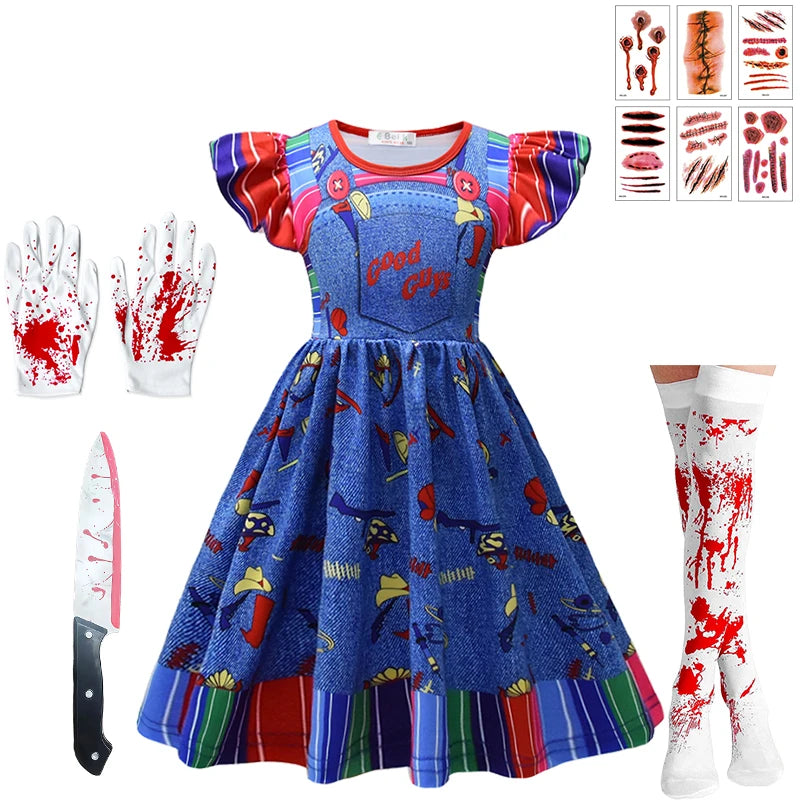 Child Role Play Ghost Doll Chucky Dress for Girls 2-10Y Kids Halloween Cosplay Horror Ghost Masquerade Carnival Party Costume